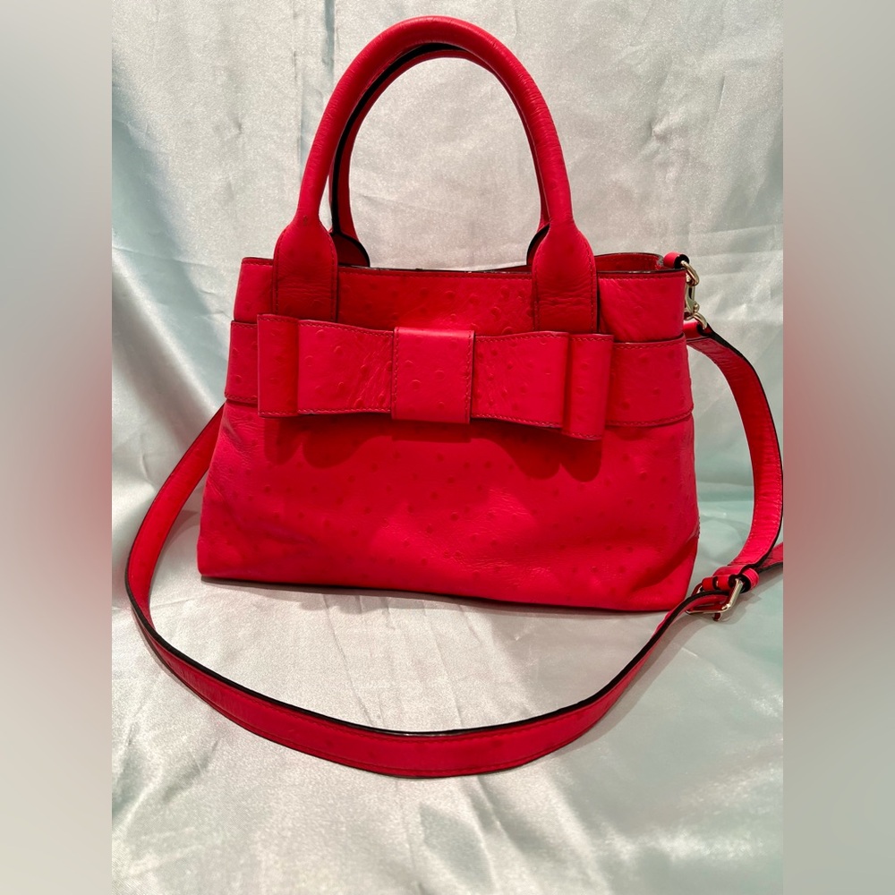 Kate Spade - Red Coral Ostridge Textured Leather W/Bow Accent Satchel Bag